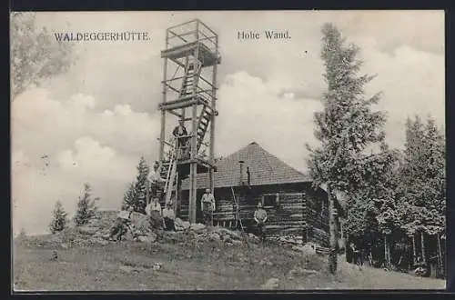 AK Waldeggerhütte /Hohe Wand, Ansicht mit Aussichtsturm und Besuchern