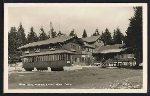 AK Wilhelm Eichert-Hütte /Hohe Wand, Berghütte, Panorama mit Wintergarten