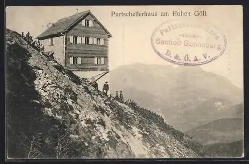 AK Purtschellerhaus am Hohen Göll, Berghütte mit Umgebung u. Wanderern