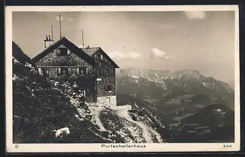 AK Purtschellerhaus am Hohen Göll, Berghütte mit Bergpanorama