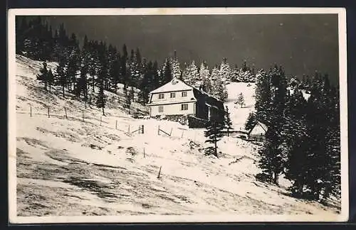 AK Sparbacher Hütte am Schneeberg, Berghütte mit Umgebung im Winter