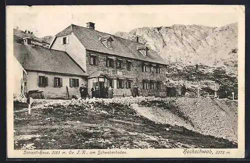 AK Schiestl-Haus am Schwabenboden, Berghütte mit Hochschwab u. Besuchern