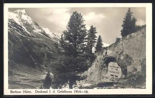 AK Berliner Hütte, Denkmal f. d. Gefallenen 1914-18 an der Berghütte