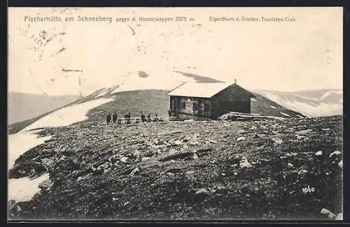 AK Fischerhütte, Berghütte am Schneeberg gegen d. Klosterwappen