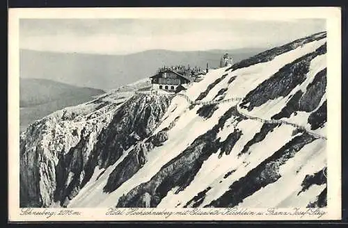 AK Hotel Hochschneeberg, Berghütte auf dem Schneeberg mit Elisabeth-Kirchlein und Franz-Josef-Steig