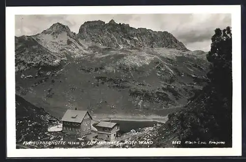 AK Freiburgerhütte, Berghütte gegen Formarinsee und Rote Wand