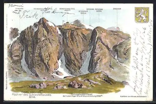 AK Schiestelhaus, Panoramablick auf die Berghütte