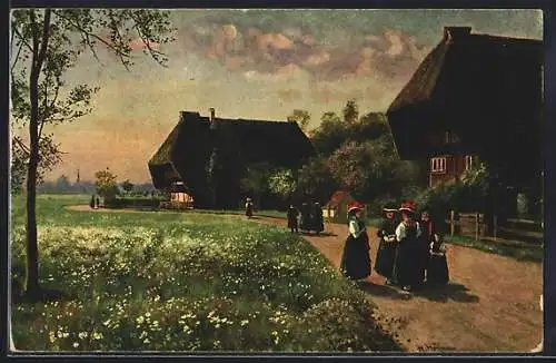 Künstler-AK H. Hoffmann: Sonntag-Morgen, Leute in ihrer Sonntagskleidung