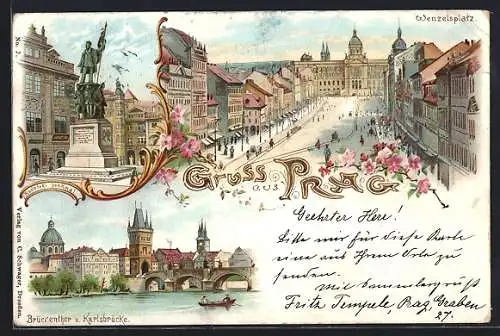 Lithographie Prag / Praha, Wenzelsplatz, Brückenthor und Karlsbrücke