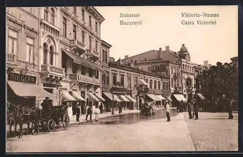 AK Bukarest, Blick auf die Viktoria-Strasse mit Geschäften