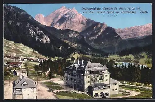 AK Canazei i. Fassa, Dolomitenhaus Canazei mit Vernel und Marmolata