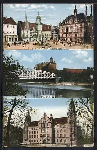 AK Halle / Saale, Marktplatz mit altem und neuem Rathaus, Burgruine Giebichenstein, Zivilgericht