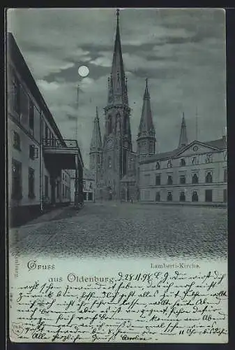 Mondschein-Lithographie Oldenburg / O., Lambertikirche bei Nacht