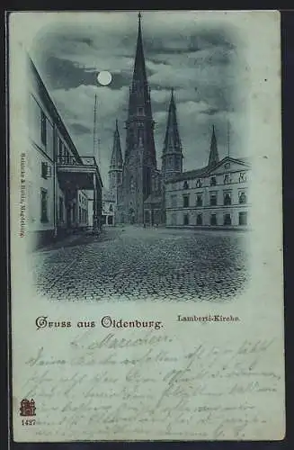 Mondschein-Lithographie Oldenburg / O., Lambertikirche bei Nacht