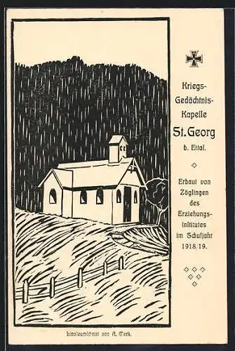 Künstler-AK Ettal, Kriegsgedächtnis Kapelle St. Georg, Linoleumschnitt v. A. Merk