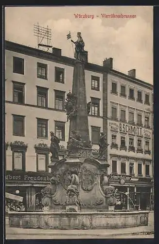 AK Würzburg, Vierröhrenbrunnen mit Geschäft B. Schmitt