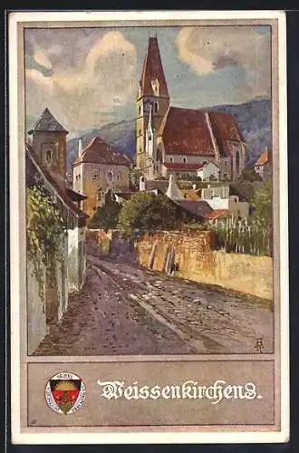 AK Weissenkirchen, Wegpartie mit der Kirche - Karte Nr. 162 des deutschen Schulvereins, Deutscher Schulverein