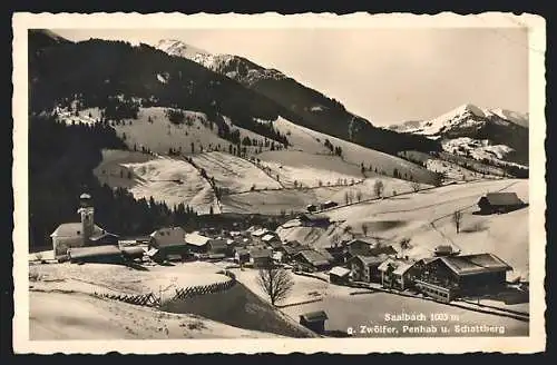 AK Saalbach, Ortsansicht mit g. Zwölfer, Penhab und Schattberg