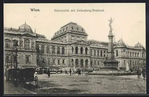 AK Wien, Universität mit Liebenberg-Denkmal mit Strassenbahnen