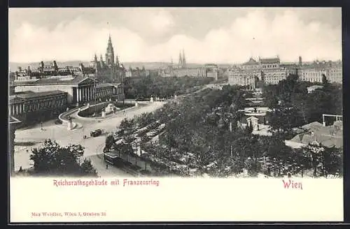 AK Wien, Reichsratsgebäude mit Franzensring aus der Vogelschau