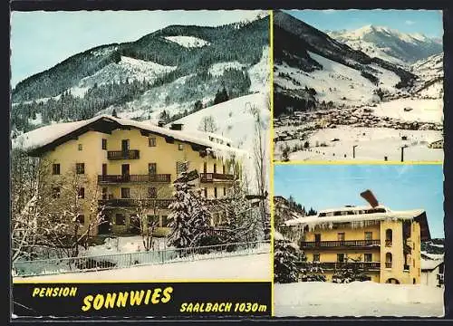 AK Saalbach, Pension Sonnwies und Ortsansicht