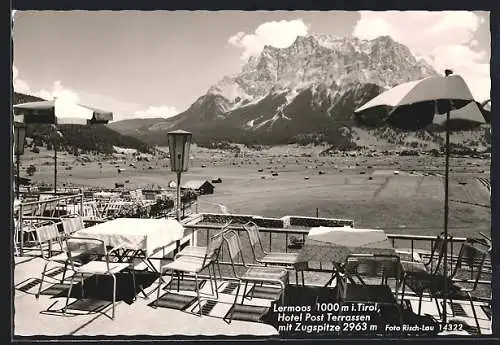 AK Lermoos i. Tirol, Hotel Post, Terrasse mit Blick zur Zugspitze