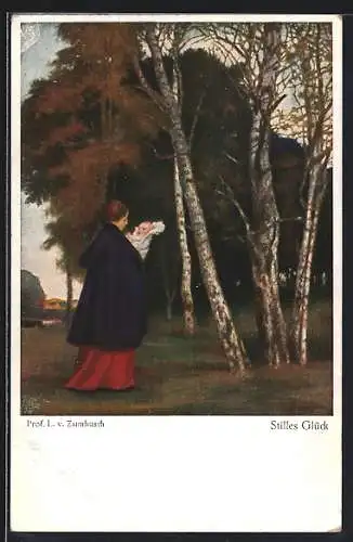 Künstler-AK Ludwig von Zumbusch: Stilles Glück, Mutter mit ihrem Neugeborenen auf dem Arm in der Natur