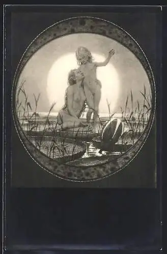 Künstler-AK Fidus: Vom Himmel, 1893, Nackte Mutter und Kind am Seerosenteich