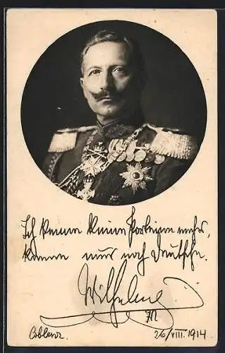 AK Kaiser Wilhelm II., Uniformfoto des deutschen Kaisers, Karte des Roten Kreuzes mit Signatur