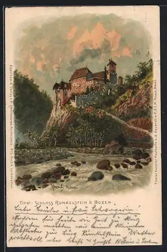 Künstler-AK F.A.C.M. Reisch: Bozen / Bolzano, Blick zum Schloss Runkelstein