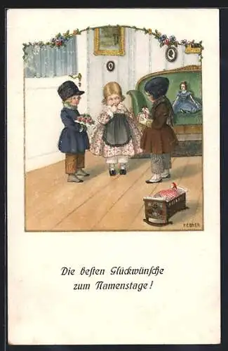 Künstler-AK Pauli Ebner: Kinder mit Blumen und Geschenken zu Neujahr