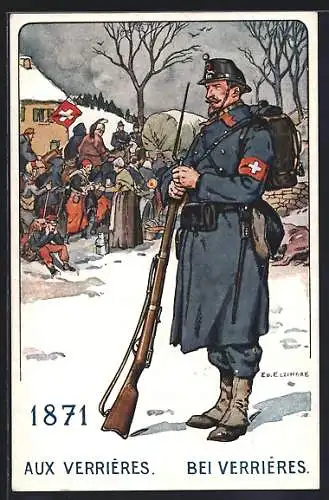 Künstler-AK sign. Ed. Elzingre: Verrieres, schweizer Infanterist mit Tschakko 1871