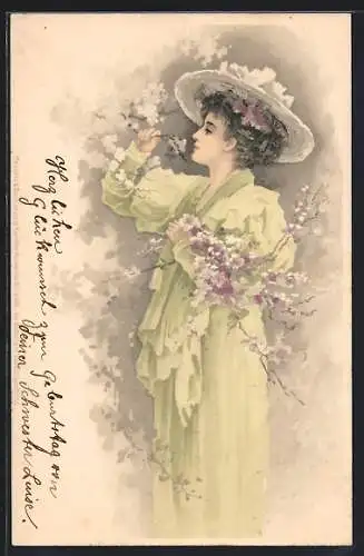 Lithographie Elegante junge Dame mit Blütenzweigen im Arm, Jugendstil