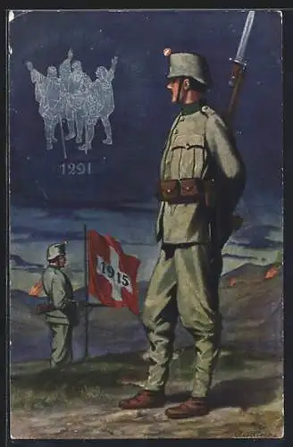 Künstler-AK Grenzbesetzung 1915, Schweizer Soldaten