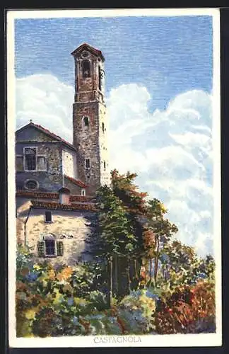 Künstler-AK Castagnola, Ortsansicht mit Turm