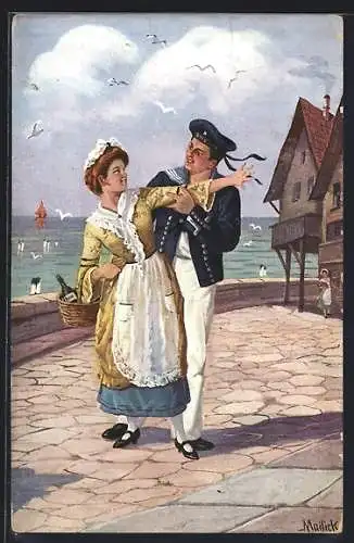 Künstler-AK Alfred Mailick: Frau mit Seemann an Promenade