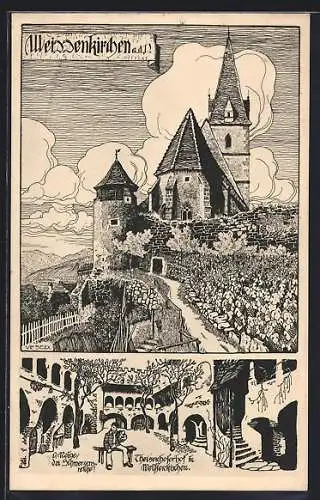 Künstler-AK Ulf Seidl: Weissenkirchen, Schloss, Theisenhoferhof, D. Reige Der Schmerzensreiche auf der Bank sitzend