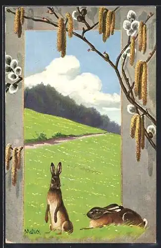 Künstler-AK Alfred Mailick: Osterhase auf der Wiese, Ostergruss