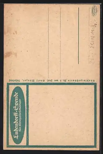 AK Kriegsanleihe, Ludendorffspende für Kriegsbeschädigte, Arm-amputierter Soldat mit Tischler-Werkzeug