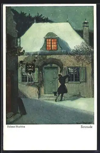 Künstler-AK Helmut Skarbina: Serenade, Mann spielt des nachts vor einem Haus auf seiner Geige