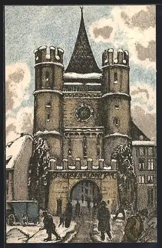 Künstler-AK Ernst E. Schlatter: Basel, Strassenleben mit Kirche