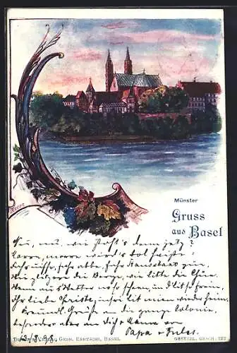 Lithographie Basel, Münster um 1900