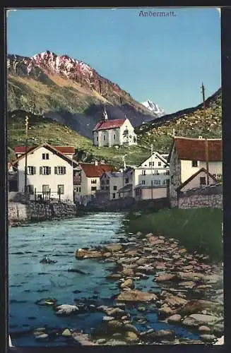 AK Andermatt, Blick vom Fluss zur Kirche