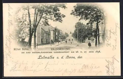 AK Letmathe a. d. Lenne, Strassenpartie mit Hotel Bohe, Erinnerung a. d. sauerländische Gebirgsfest 1898