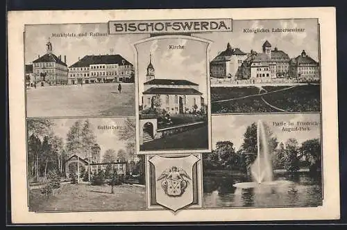 AK Bischofswerda, Deutsche Oberschule, Friedrich-August-Park, Butterberg und Marktplatz mit Rathaus