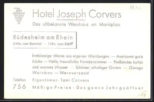 AK Rüdesheim a. Rh., Hotel und Weinhaus Joseph Corvers am Marktplatz