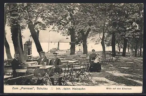 AK Schulau, Terrasse im Gasthof Zum Parnass, Blick auf den Elbstrom