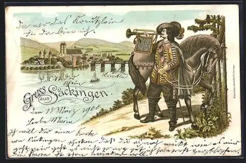 Lithographie Säckingen, Ortsansicht und der Trompeter von Säckingen mit Pferd
