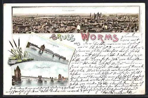 Lithographie Worms, Totalansicht, Eisenbahnbrücke und Strassenbrücke