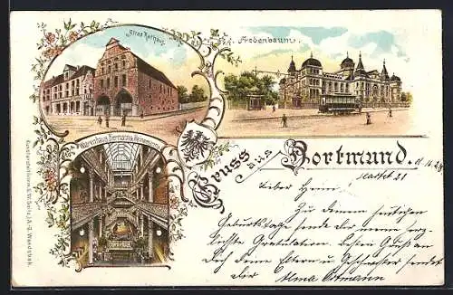 Lithographie Dortmund, Altes Rathaus, Warenhaus Biermann & Heinemann, Fredenbaum